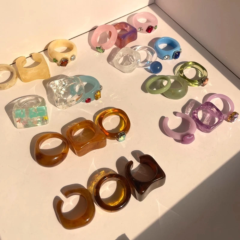 Conjunto de resina con diamantes de imitación acrílicos para mujer y niña, anillos abiertos geométricos, joyería para fiesta, HUANZHI 2021
