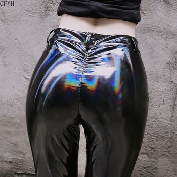 

Women Black PU Leather Pants Colorful Reflective Shinny Women Leggings High Waist Casual Pencil Plants Gothic Punk Pant