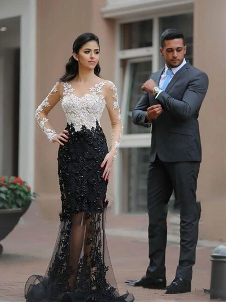 white-black-full-lace-mermaid-evening-dresses-beads-crystals-sheer-neck-illusion-long-sleeve    s-applique-formal-prom-dress-party-gowns