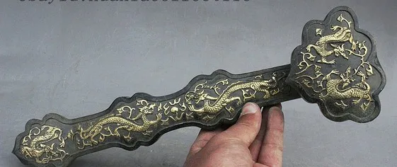 YM 322 Древняя китайская бронза позолоченный Зодиак Год Дракон играющий с Бусиной благоприятной статуя Ruyi