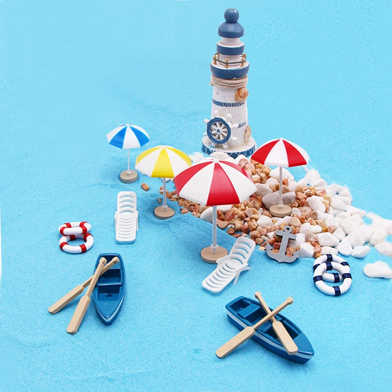 Ocean Beach Style Miniatures Artificial Sunshade Umbella Chair Anchor Micro Landscape For Garden Pastoral DIY Accessories Decor