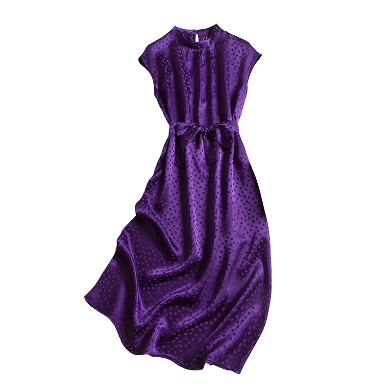 Elegant Purple Jacquard Satin Collar Waistband Mid