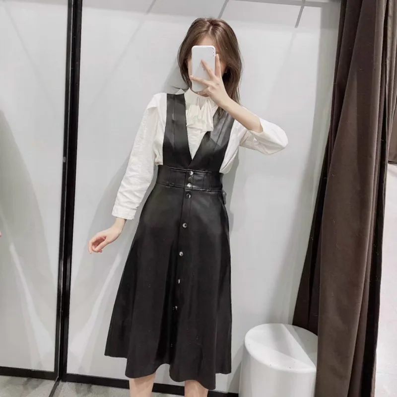 

High Waist Women Tank Black PU Dress Wide Spaghetti Strap Sleeveless Button V Neck A Line Slim Fit Casual Mid-calf Summer 2020