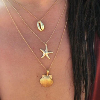 

Trend Starfish Shell Pendant Necklace For Women Charming Multi Layer Gold Long Clavicle Chain Fashion Lady Beach Party Jewelry