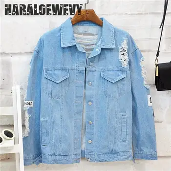 

Size Jackets & Coats Frayed Letter Patch Bomber Jeans Jacket Women Ripped Denim Coat Female Streetwear Harajuku