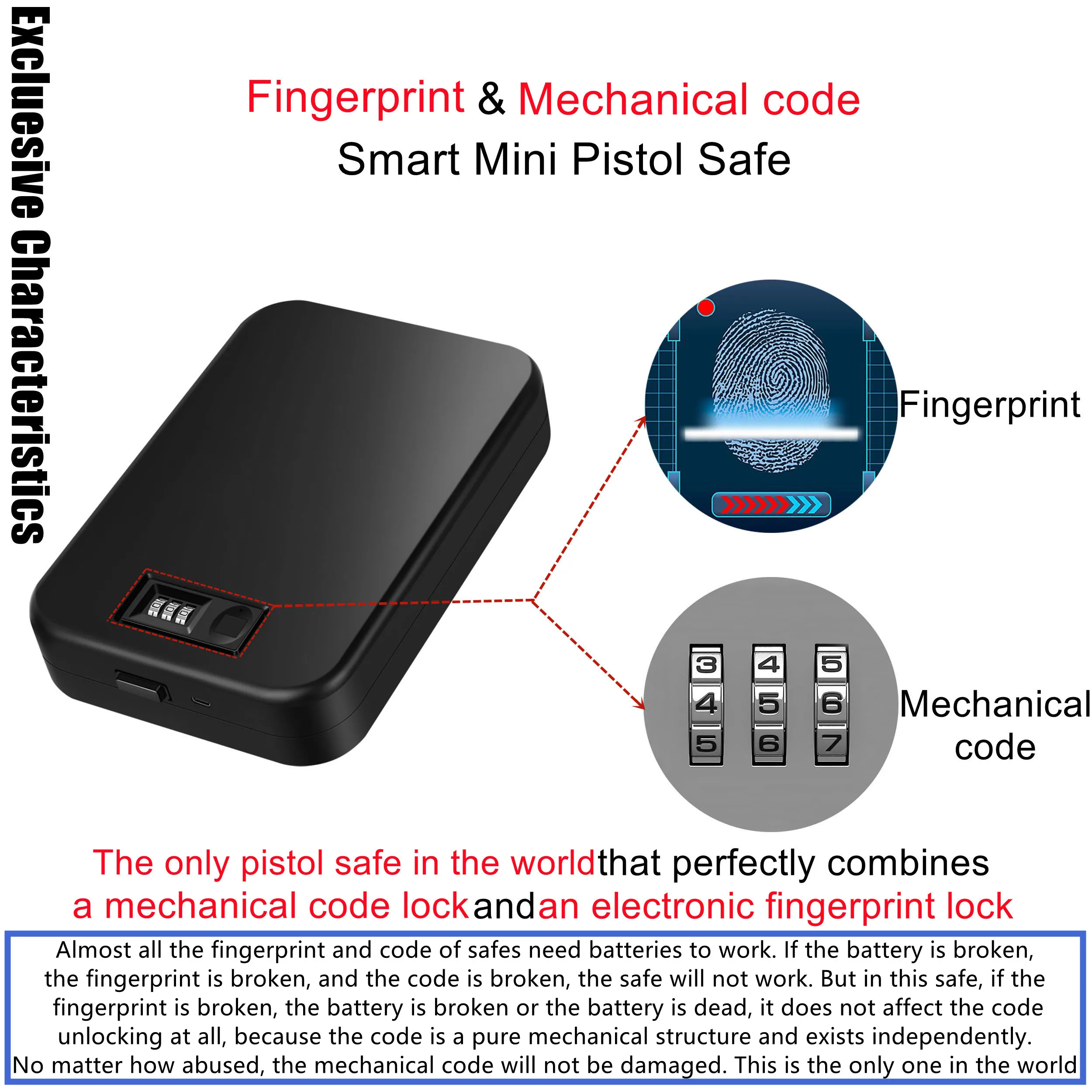 Portable Travel Fingerprint Pistol Safe Waterproof Moisture-Proof Box Mini Handgun Gun Safe with Steel Rope