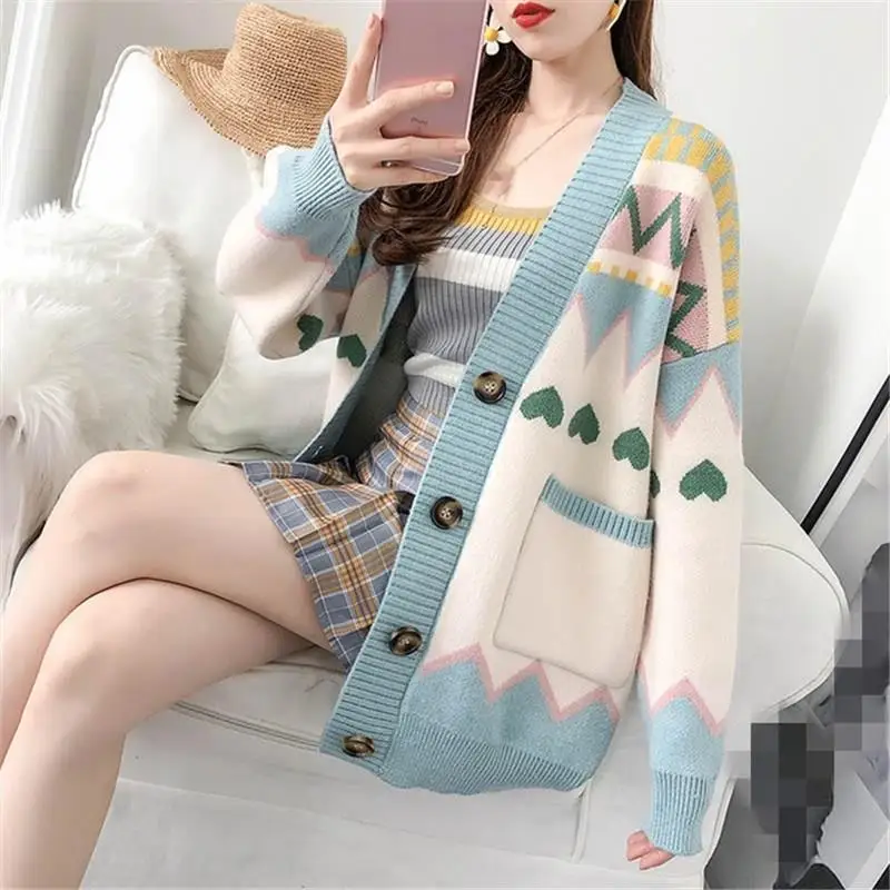 Best Price Women Autumn Retro Button Sweater Cardigan Geometric Vintage V-Neck Knitted Coat Casual Oversized Long Cardigan Best Price Women Autumn Retro Button Sweater Cardigan Geometric Vintage V-Neck Knitted Coat Casual Oversized Long Cardigan
