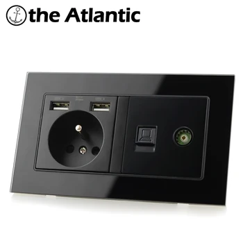 

FR Power Socket With USB Charging Port RJ45 TV Computer Data Female Jack Television Computer Black Glass Frame Slovakia Belgium