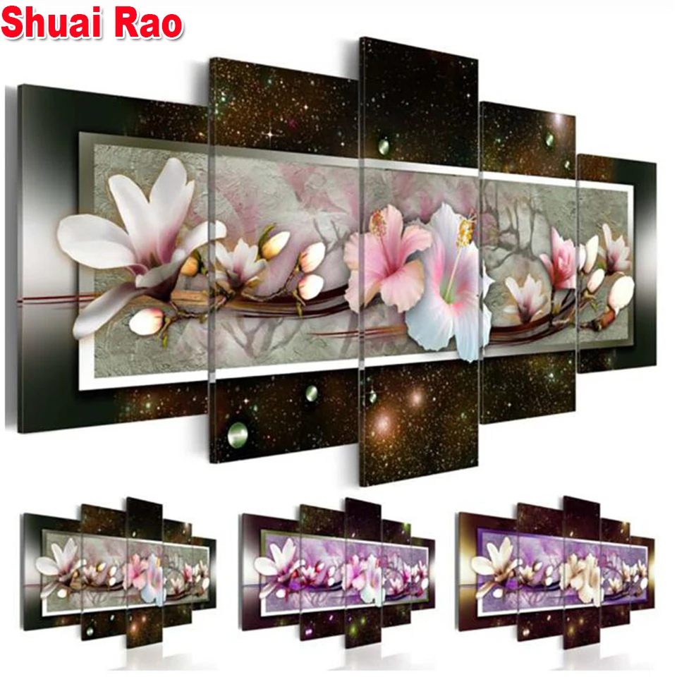 

5pieces Diamond Painting Full Drill 5d Square round Flowers Diamond Art Embroidery Multi-picture Home Decoration