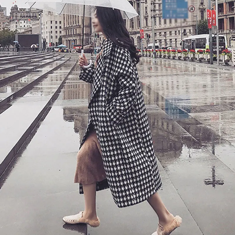 Модное клетчатое пальто для женщин на осень и зиму, новое длинное шерстяное пальто выше колена большого размера