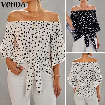 

Tunic Women Blouses 2020 Summer Sexy Off Shoulder Dot Printed Shirts Plus Size Blusas Female Bohemian Beach Tops Party Shirts