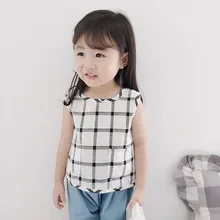 A mu hou/ тренд, детский жилет с кнопками на спине, топы, летняя Клетчатая Футболка для младенцев