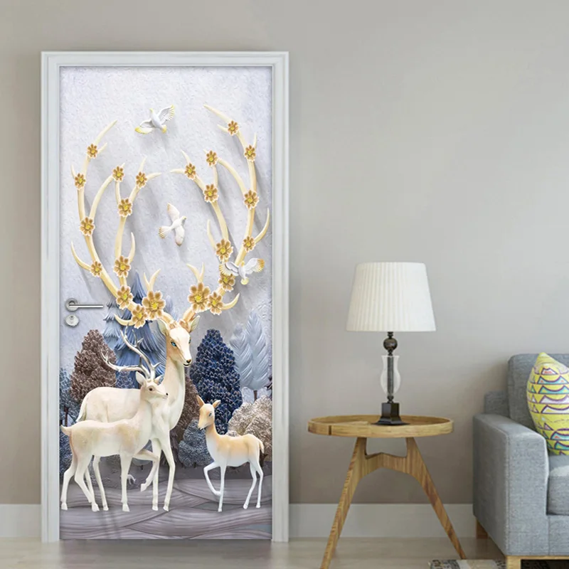 2pcs/set Creative Forest Elk Door Stickers Home Decor Modern PVC Waterproof Kids Room Bedroom Door Sticker Wallpaper Wall Decals