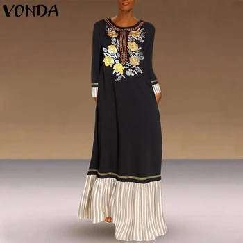 

Bohemian Autumn Maxi Dress VONDA Womens Casual Loose Long Sleeve O Neck Patchwork Dresses Floral Embroidery Party Long Dress 5XL