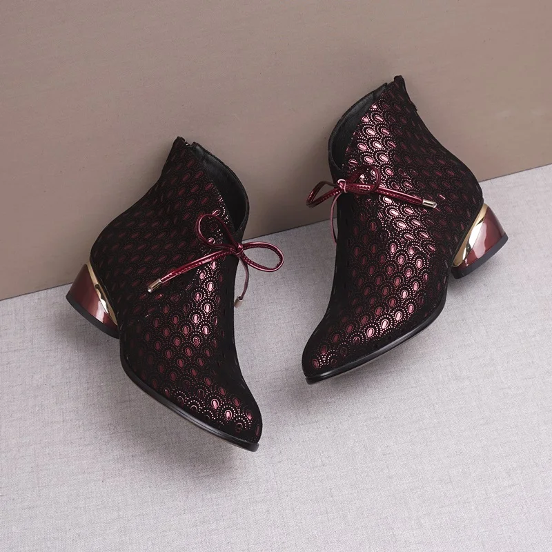 wine red ZVQ/Новые модные зимние ботильоны из овечьей кожи; теплая Офисная Женская обувь на среднем каблуке с круглым носком на молнии; Прямая ; размеры 34-43 - Цвет: wine red