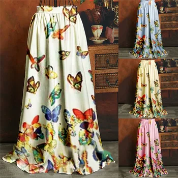 

High Waist Boho Print Long Skirt Women Maxi Skirt Butterfly Print Beach Skirt Female Chic Vintage 2020 Summer Skirt
