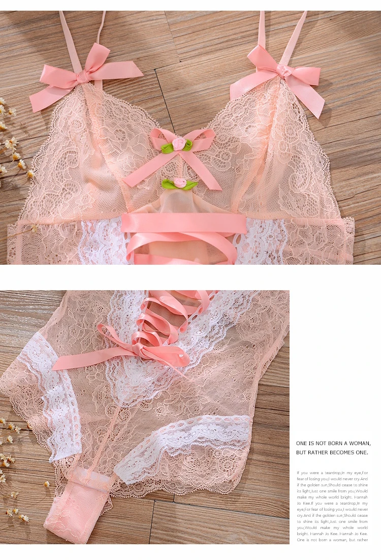 Sexy Mousse Sexy Pink Female Summer Thin Lace Bow Perspective Sheer Sling Backless Concealed Bottom Bodysuit Piece Sleepwear white lace bodysuit