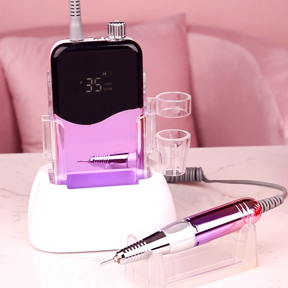 Purple Portable Cordless Nail Drill Machine 35000RPM Rechargeable Manicure Electric Nail File Drill 35000 Battery with Base 3