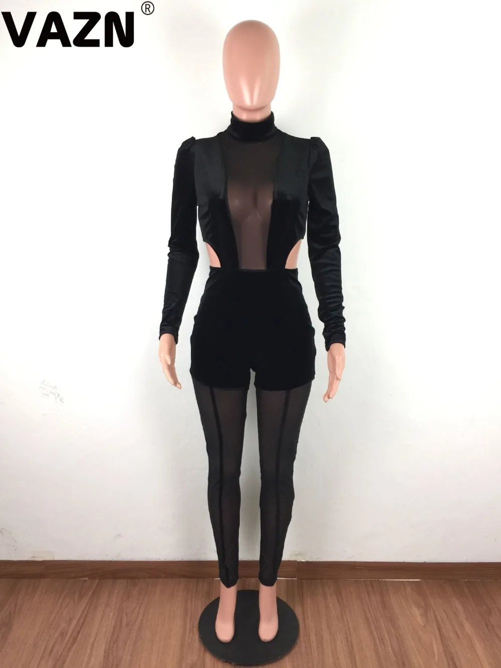 VAZN Hot Suede Lace Patchwork Hollow Out Open See Through Sexy Club Solid Women High Waist Elastic Long Pencil Jumpsuits