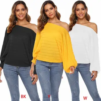 

Women Sexy Off Shoulder Pullover Sweater Batwing Lantern Sleeves Solid Color Casual Loose Tops Autumn Knitted Jumper Streetwear