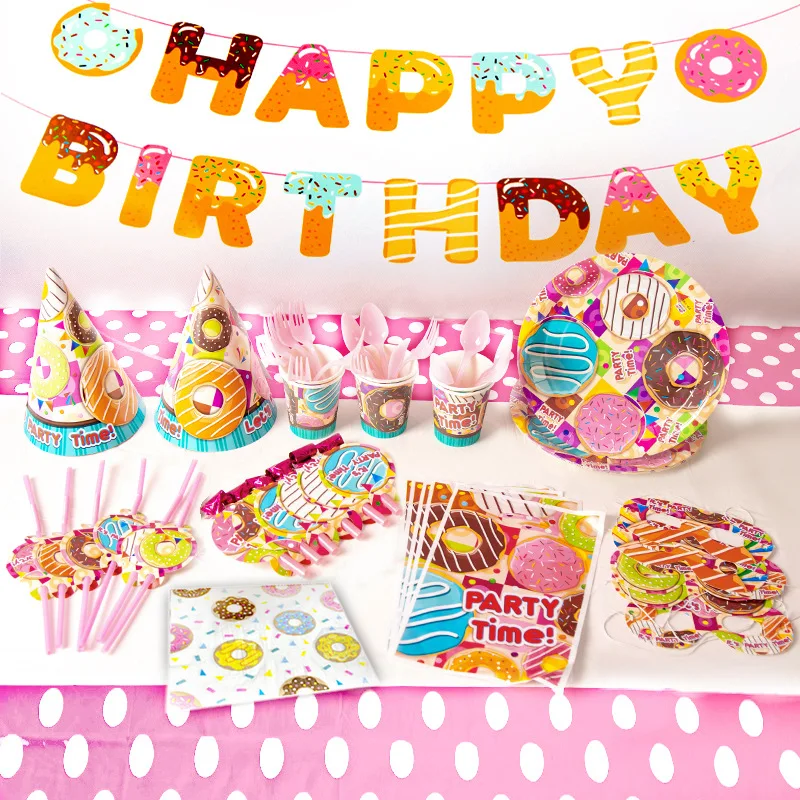 OLOEY Donut Party Donut Grow Up Birthday Party Decoration Kids 1st Birthday Disposable Tableware Kit Paper Plate Cup Napkins