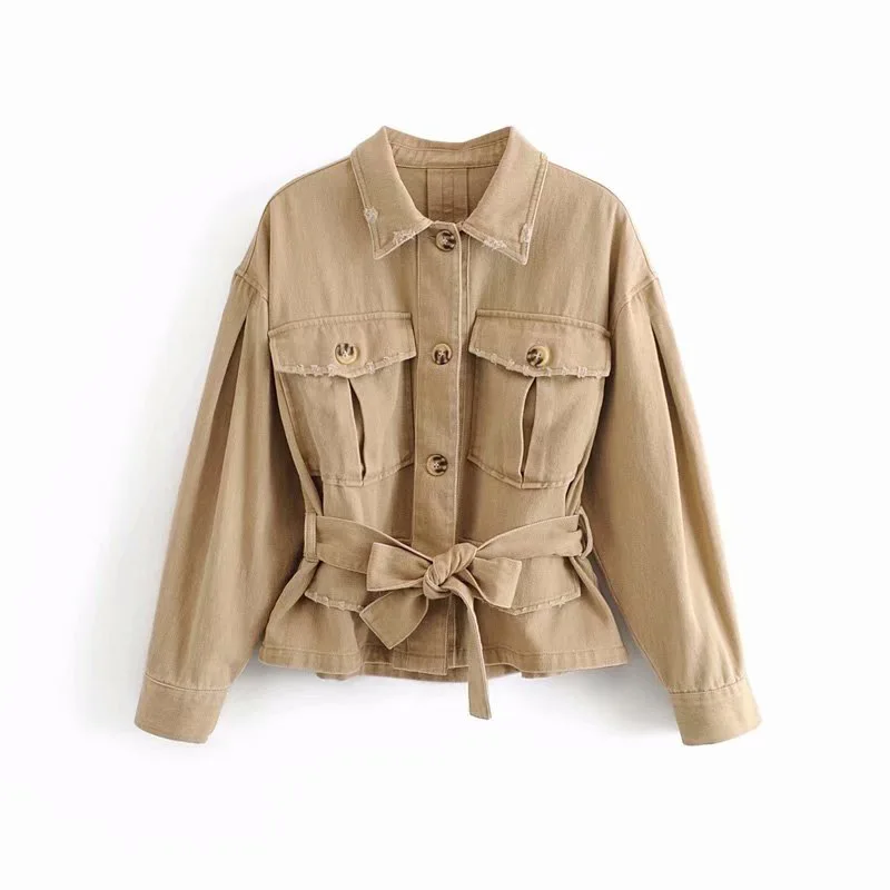 

Wowen's Safari Style Distressed Jacket Turn-down Collar Drop Shoulder Denim Female Coat with Pocket & Sash Autumn Streetwear