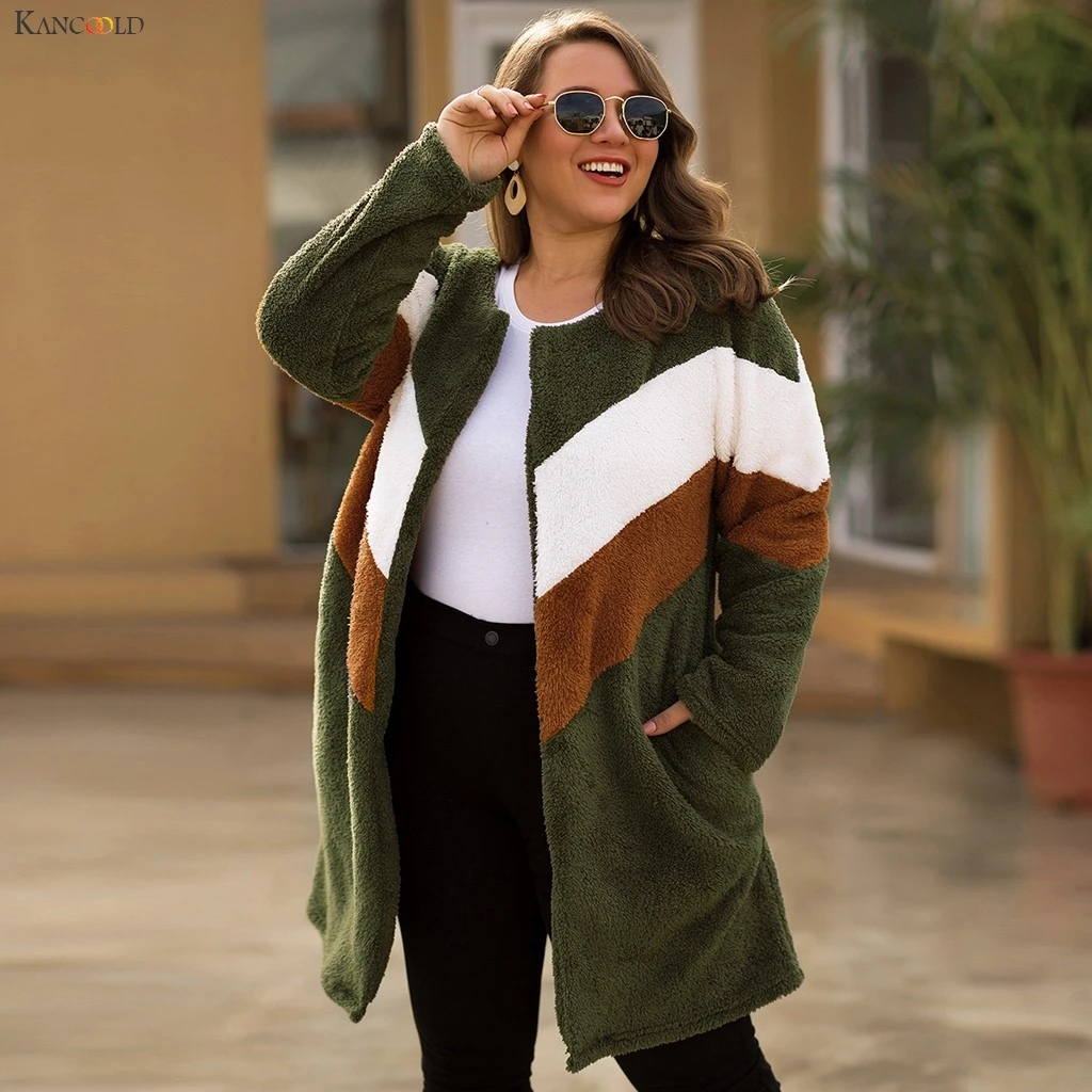 discounted  KANCOOLD coats Women Plus Size O-neck Contrast Color Stitching Cardigan Zipper Loose Plush new coat