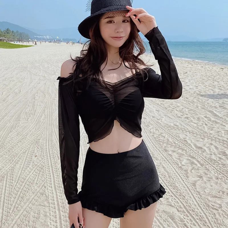 

Swimsuit Woman Two Piece Bathing Suit Brazilian Bikini Girls Swimming Swim Women Swimwear Pieces Fairy Sexy Mesh Long Sleeve