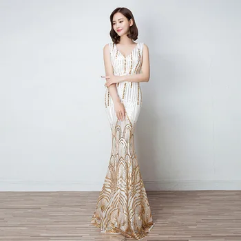 

Evening Gowns Shiny Sequins Formal Women Party Dress Mermaid Floor Length Robe De Soiree Sexy Double V-Neck Elegant Dress F346