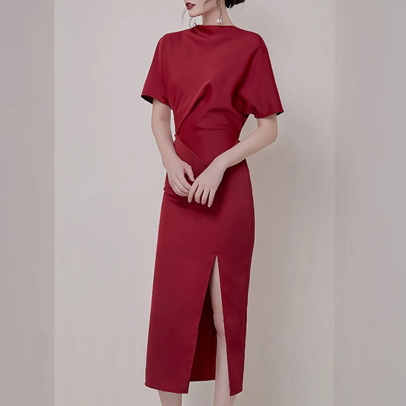 

HAMALIEL Runway Summer Women Sheath Party Dress Fashion Batwing Sleeve Bodycon Slim Split Long Dress Elegant Bow Wine Red Dress