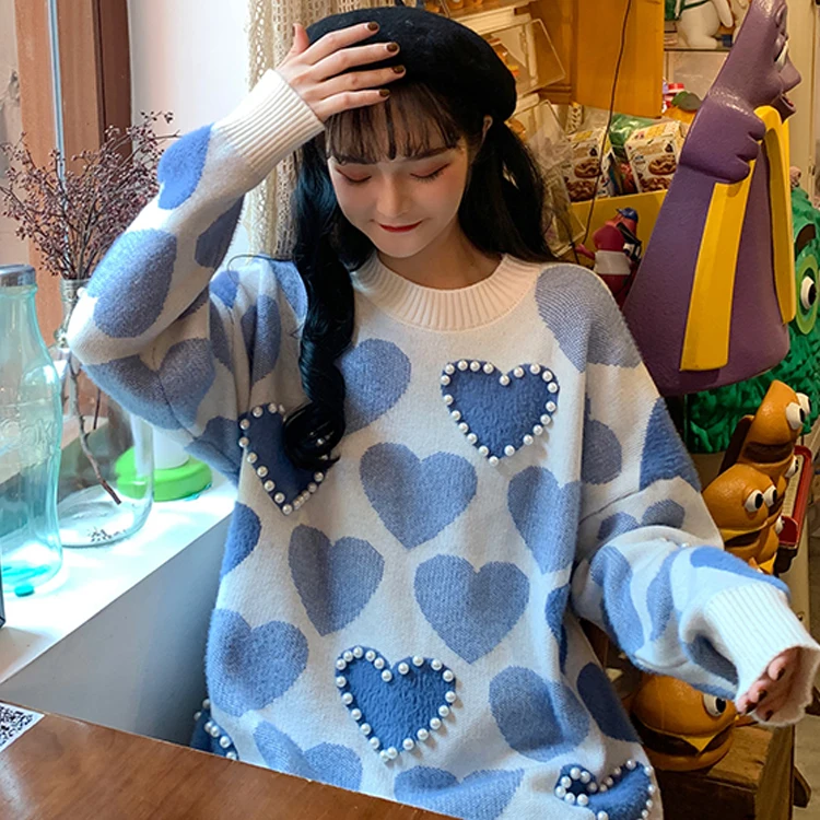 

winter sweet women heart sweaters fashion bead work pearl sweater femme girls loose casual heart pullovers