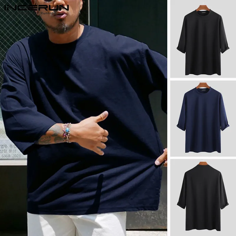 

INCERUN Europe United States 2019 Men T-shirt Round Neck Cotton Simple Solid Color Loose Seven-point Sleeves New Fashion T-shirt