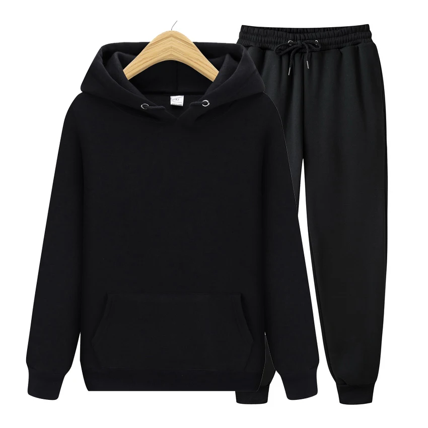 Winter Slim Fit Sets Black Hoodies Sweatpants 1