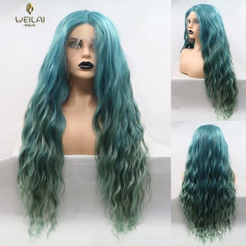 

WEILAI Wig ladies long curly hair African small curly hair wig dyed into green gradient gray green chemical fiber wig headgear