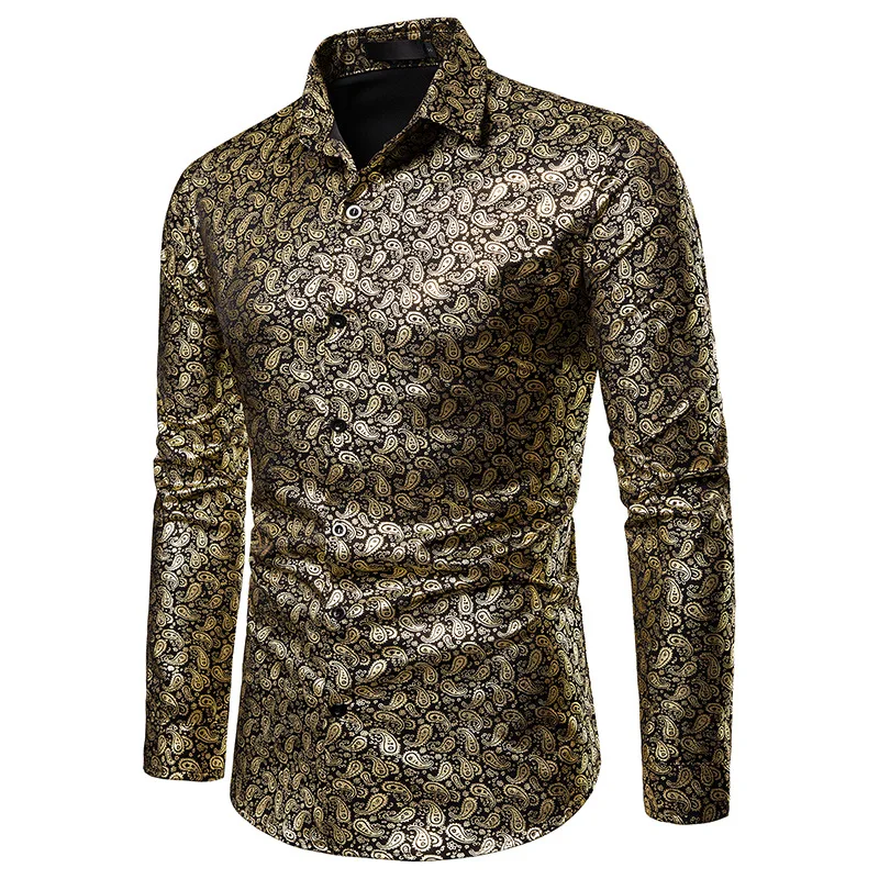 Модная мужская деловая рубашка с длинным рукавом с золотым покрытием и блестящим принтом, вечерние рубашки для ночного клуба