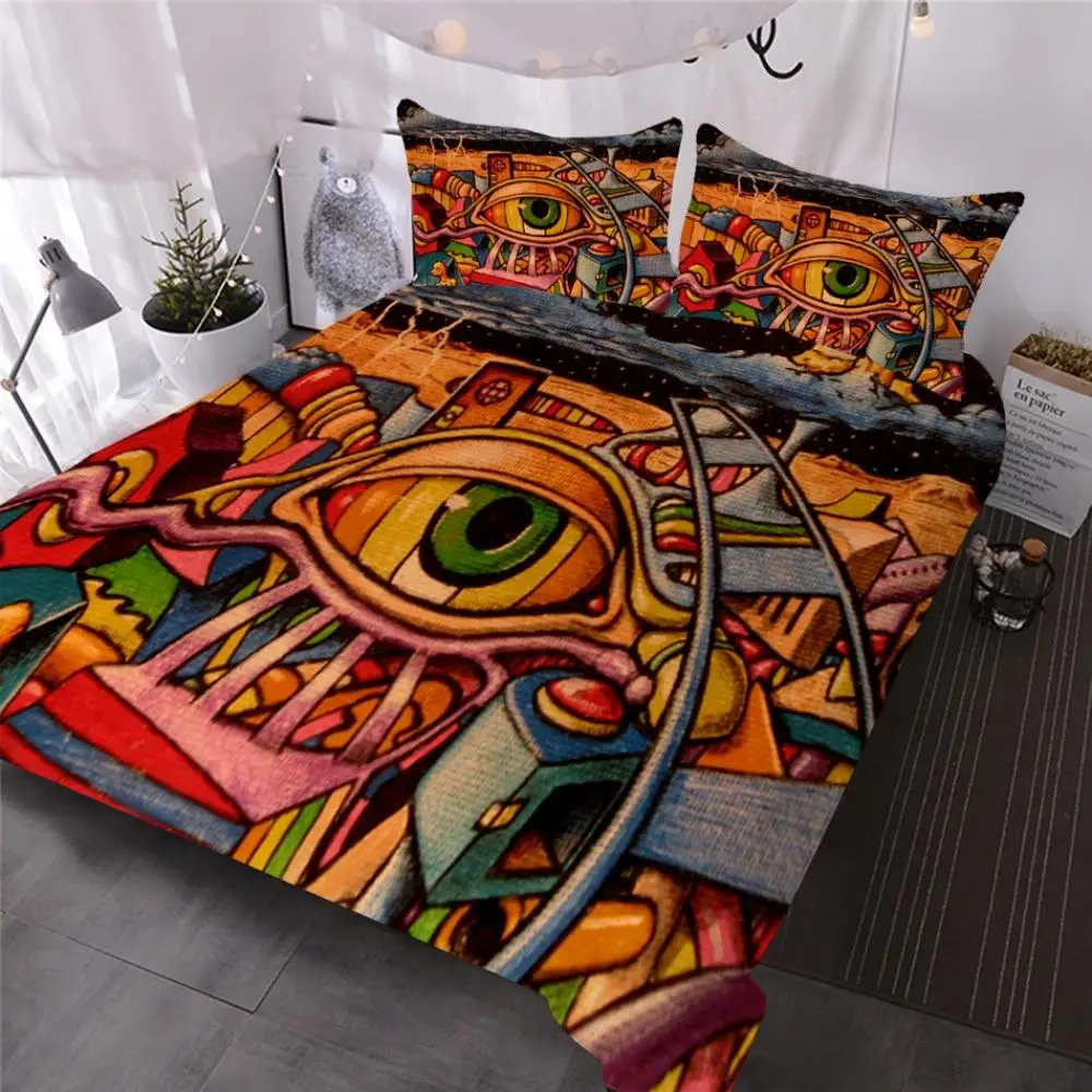 

Hand Painted Bedding Set Horror Psychedelic Duvet Cover Set 2/3 Pieces Set Eye Skull Printed Quilt Cover Hippie Bedlinen