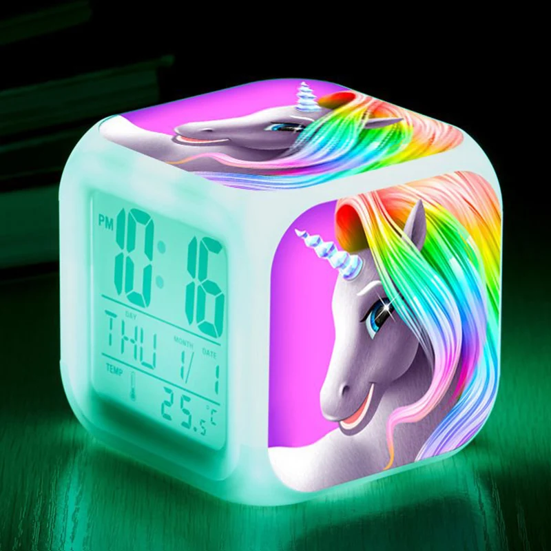  Cartoon Unicorn Alarm Clock Led Digital Alarm Clocks Child Kids Desk Clock 7 Color Changing Night L