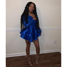 Ярко-Синее Короткое платье для выпускного вечера коллекция года, ТРАПЕЦИЕВИДНОЕ ПЛАТЬЕ С глубоким v-образным вырезом, длинными рукавами и оборками, многоуровневые черные вечерние платья для девочек, robe de soiree CP388