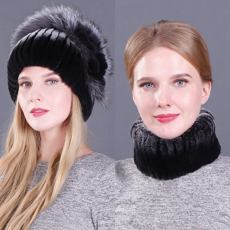 Real Rex Rabbit Fur Women Hat Scarf Sets Winter Thick Warm Vintage Fur Female Caps Scarves Casual Ladies Hats New Arrival - Цвет: color8