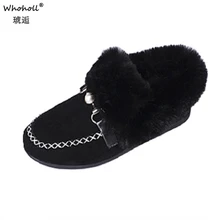 Зимние женские лоферы; коллекция года; модные мокасины без застежки из искусственной замши; мягкие однотонные водонепроницаемые мокасины; меховая обувь на плоской подошве