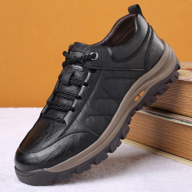 

2023 New Men Fashion Casual Shoes Split Leather Lace-Up Sneakers Outdoor Thick Bottom Sewing Flats Black Brown Plus 45 46