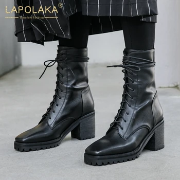 

Lapolaka New Fashion Genuine Leather Comfy Chunky Heels Lace-Up Office Ladies Boots Fashion Luxury Ankle Boots Woman Shoes
