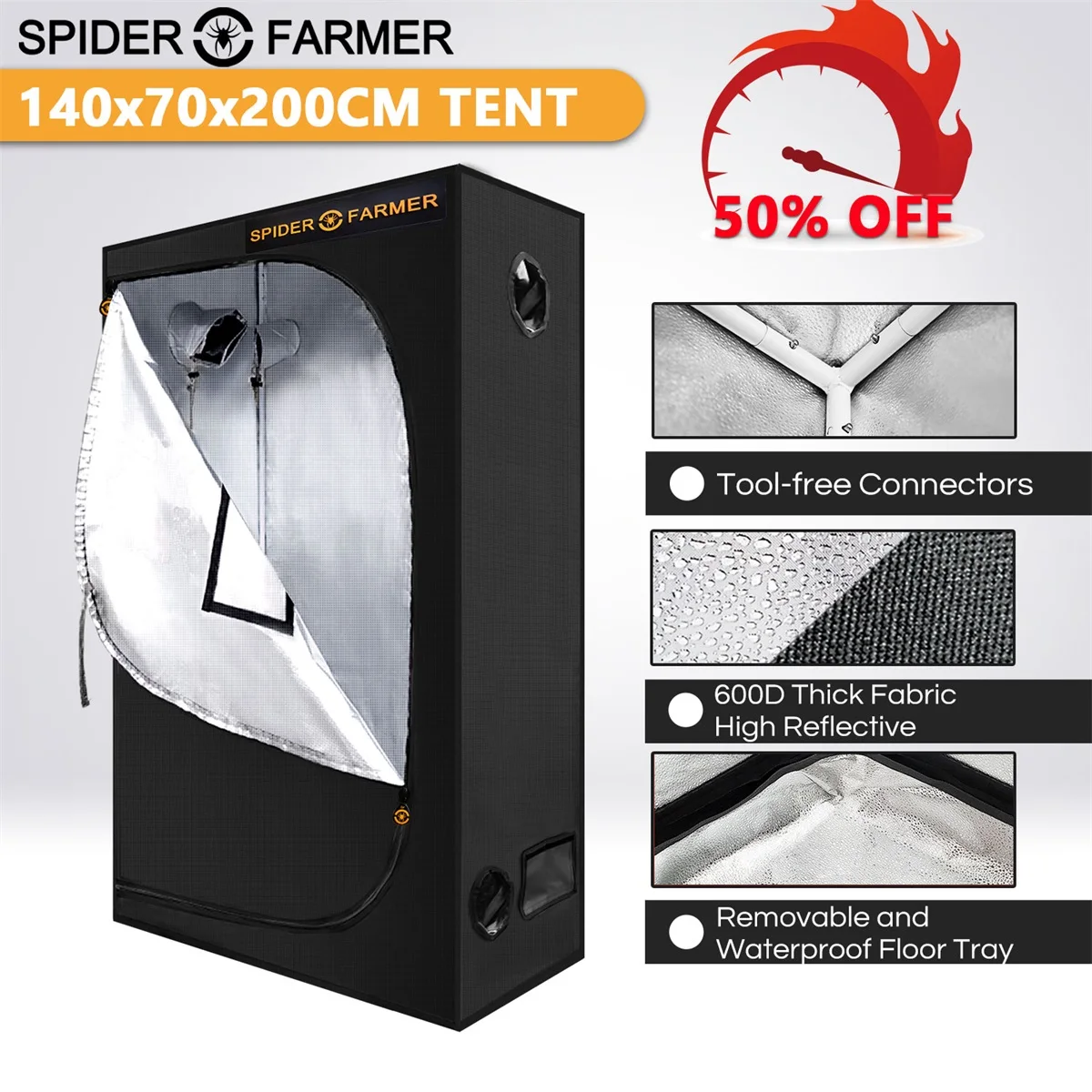 Spider Farmer SF-70x140x200 cm Grow Tent Reflective Mylar Oxford Cloth Indoor Hydroponic Home Box For Veg Bloom Plant Garden
