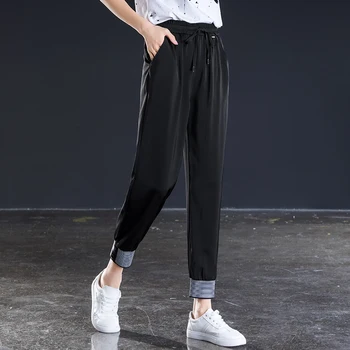 

Black Beem Foot Harem Elastic Waist With Drawsting Pants Spring Summer Ankle Length Women Trousers Free Shipping