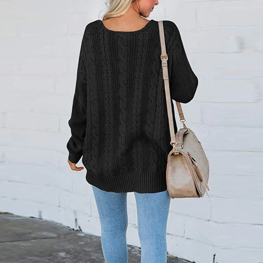 Женские свитера, вязаный свитер большого размера, Женский однотонный вязаный свитер с v-образным вырезом и длинным рукавом, Женский пуловер