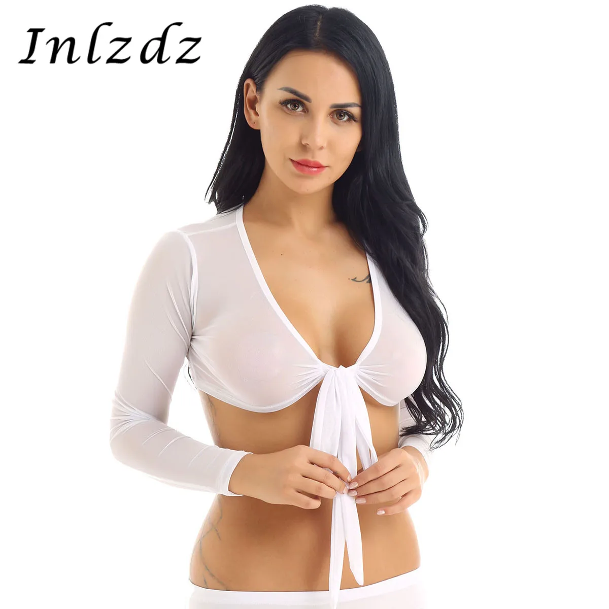 Women's Pole Dance Crop Tops Deep V Neck Open Front Sheer Mesh See Through Tees Blouse Rave Bar Shrug |
