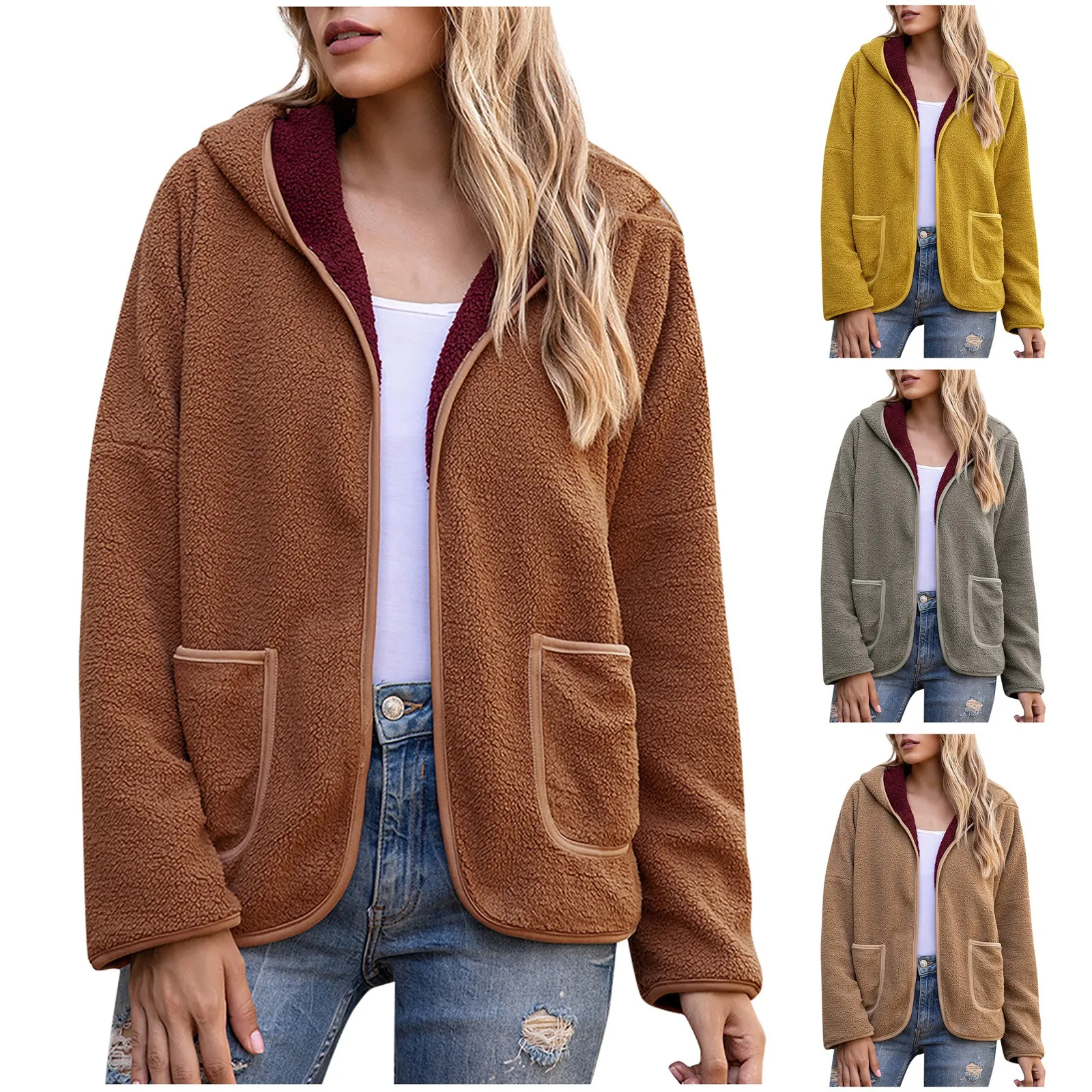 Women's Winter Casual Bubble Fleece Hooded Sweatshirt Blocking Jacket Cardigan Coat Vintage Turn Collar Long Sleeve Outerwear 1