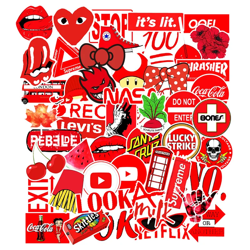 

50Pcs Red Style Graffiti Sticker Cartoon Waterproof For Laptop Car Phone Luggage Bike Wall Decal Skateboard Toys Stickers F3