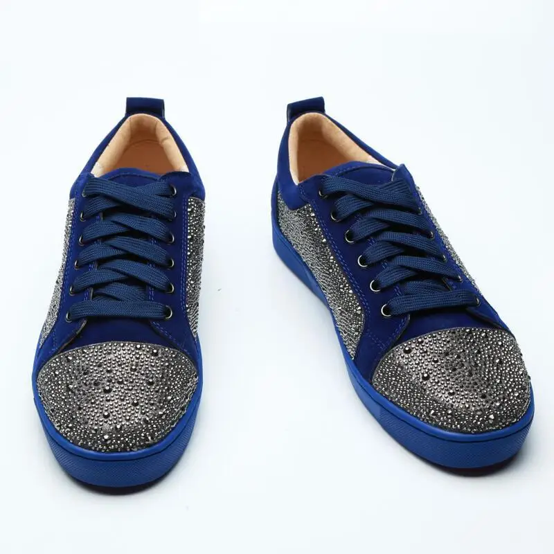 

Red bottom Unisex Casual Shoes Men Fashion Blue Flock Crystals Trainers Man's Plate Solid Low Top Bottom Lace-Up Footwears,38-46