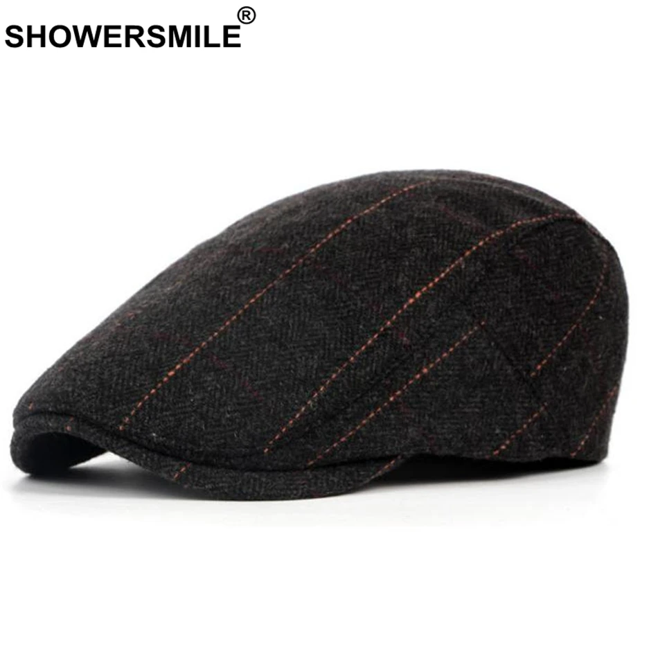 SHOWERSMILE/серая клетчатая шапка берет Мужская шерстяная твидовая с узором в елочку